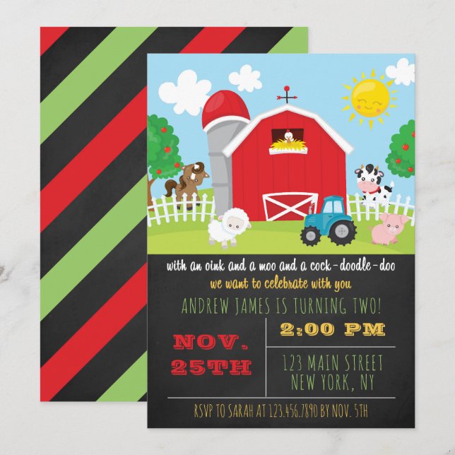 Chalkboard Barnyard Farm Animals Birthday Party Invitation (Front/Back)