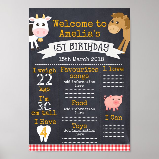 Chalkboard Barnyard Milestones 1st Birthday Poster (Front)