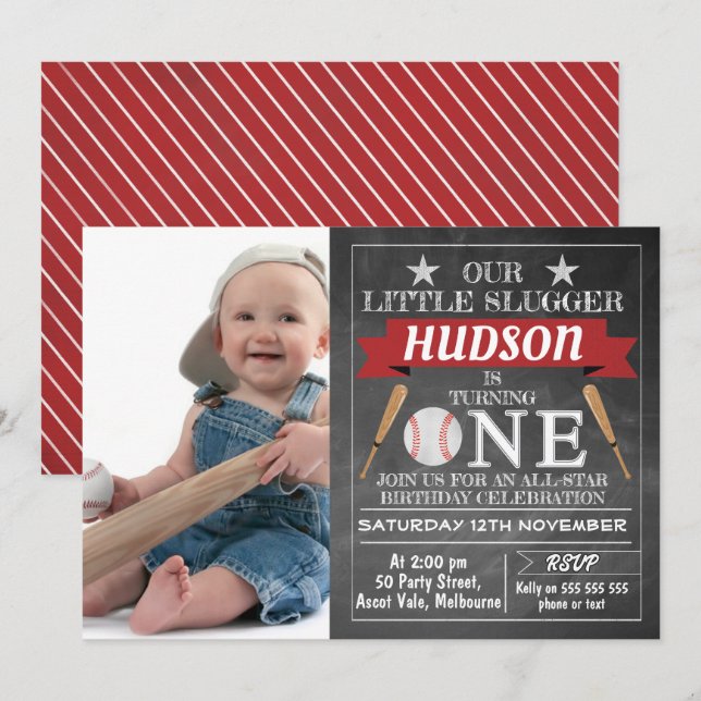 Chalkboard Baseball 1st Birthday Invitation (Front/Back)