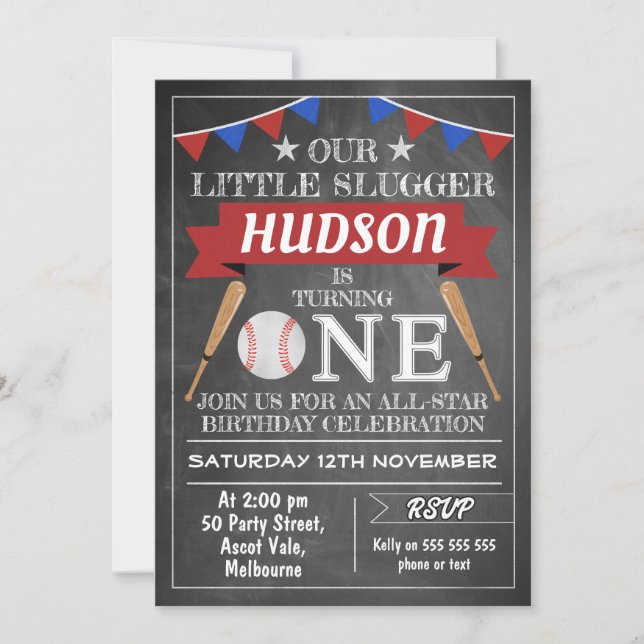 Chalkboard Baseball 1st Birthday Invitation (Front)