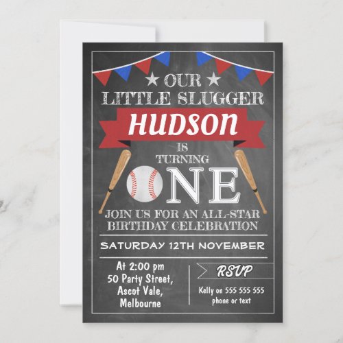 Chalkboard Baseball 1st Birthday Invitation