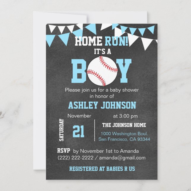 Chalkboard Baseball Baby Shower Invitations - Blue (Front)