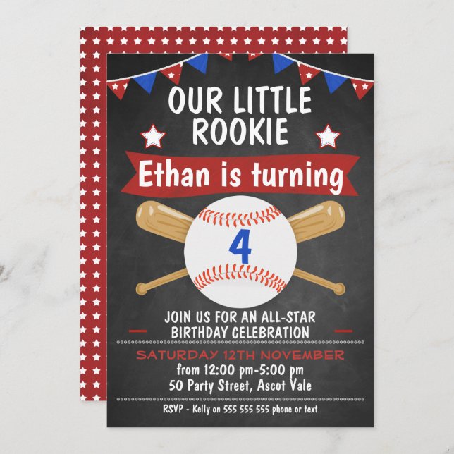 Chalkboard Baseball Birthday Invitation (Front/Back)