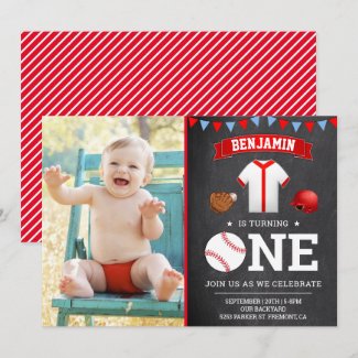 Chalkboard Baseball First Birthday Party Photo Invitation