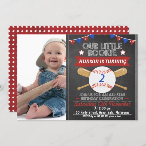 Chalkboard Baseball Photo Birthday Invitation