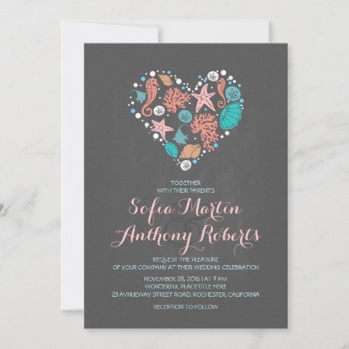 chalkboard beach wedding invitation sea heart cards