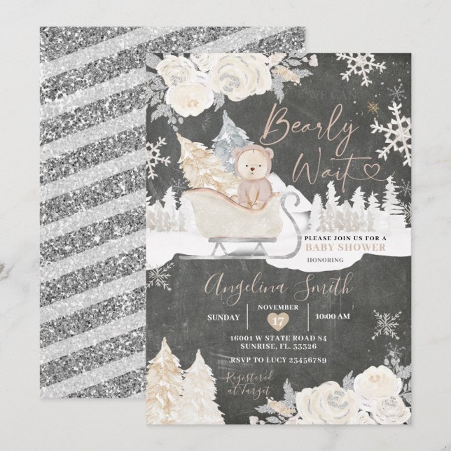 Chalkboard Bear Creamy White Winter Baby Shower  Invitation (Front/Back)