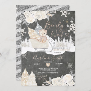 Chalkboard Bear Creamy White Winter Baby Shower Invitation