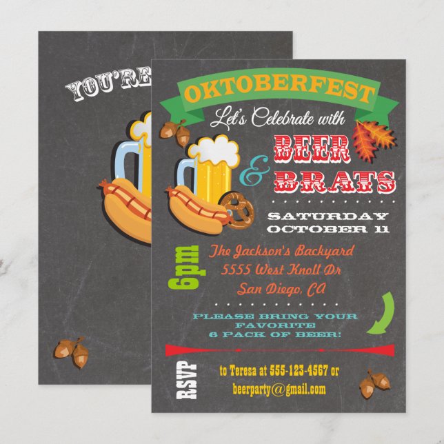 Chalkboard Beer, Brats Octoberfest Party Invites (Front/Back)