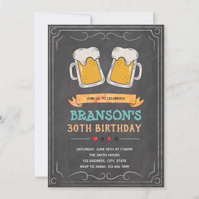 Chalkboard beer theme birthday invitation (Front)