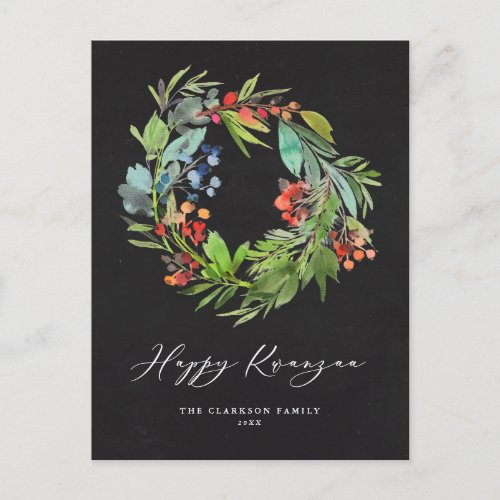 Chalkboard Berry and Greenery Wreath Happy Kwanzaa Holiday Postcard