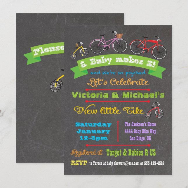 Chalkboard Bicycle Baby Shower Invitation (Front/Back)