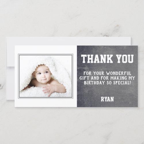 Chalkboard Birthday Thank you Photo Card Kids - Modern birthday thank you card to thank your guests. Personalize the card with your photo and name. You can also change the thank you text and write your own. The text is in trendy and modern white color. The background is a modern grey chalkboard texture.