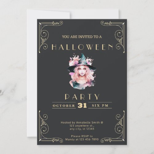 Chalkboard Black and Gold Cute Witch Halloween Invitation