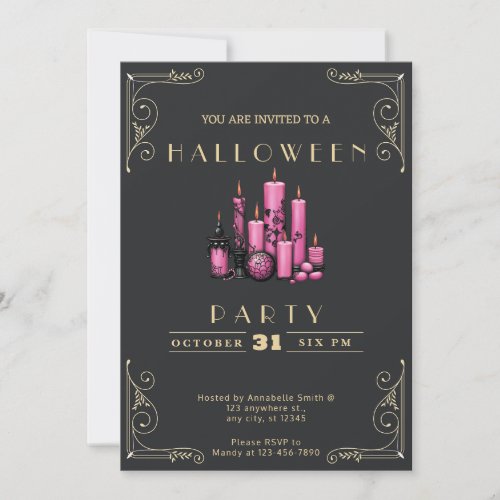 Chalkboard Black and Gold Pink Candles Halloween Invitation