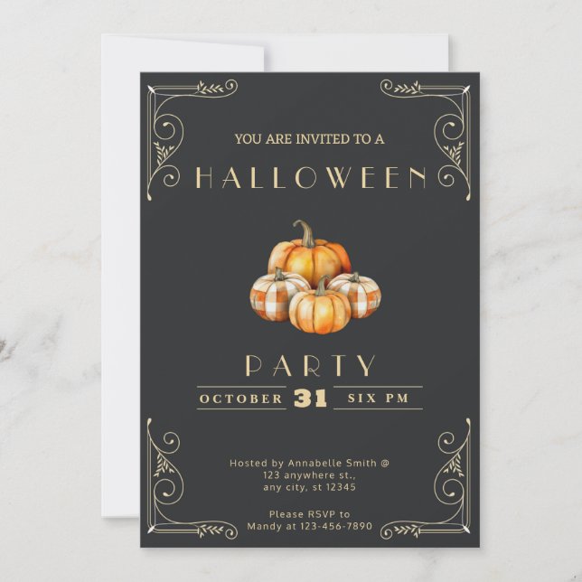Chalkboard Black and Gold Rustic Pumpkin Halloween Invitation (Front)