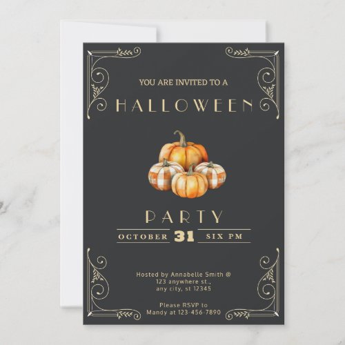 Chalkboard Black and Gold Rustic Pumpkin Halloween Invitation