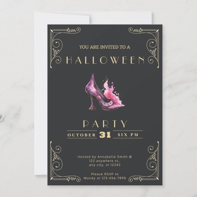 Chalkboard Black and Gold Witch Stiletto Halloween Invitation (Front)