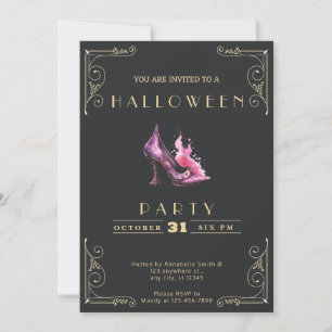 Chalkboard Black and Gold Witch Stiletto Halloween Invitation