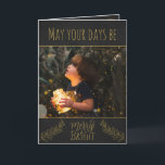 Chalkboard black and gold with picture Christmas Card<br><div class="desc">This Christmas greeting card features the picture of a child holding a jar full of bright Christmas lights on a black chalkboard background with golden decorations.
The caption,  in a golden font,  says "May your days be merry & bright".
(Easily customizable with a picture of your choice)</div>