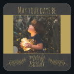 Chalkboard black and gold with picture Christmas Square Sticker<br><div class="desc">This Christmas sticker features the picture of a child holding a jar full of bright Christmas lights on a black chalkboard background with golden decorations.
The caption,  in a golden font,  says "May your days be merry & bright".
(Easily customizable with a picture of your choice)</div>