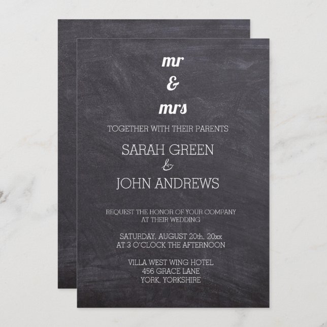 Chalkboard Black and White Mr & Mrs Wedding Invitation (Front/Back)