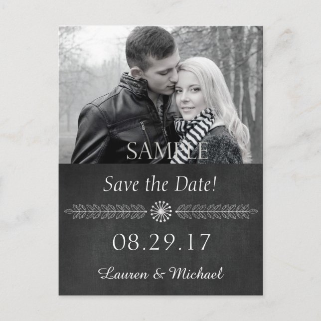 Chalkboard Black and White Save the Date Announcement Postcard (Front)