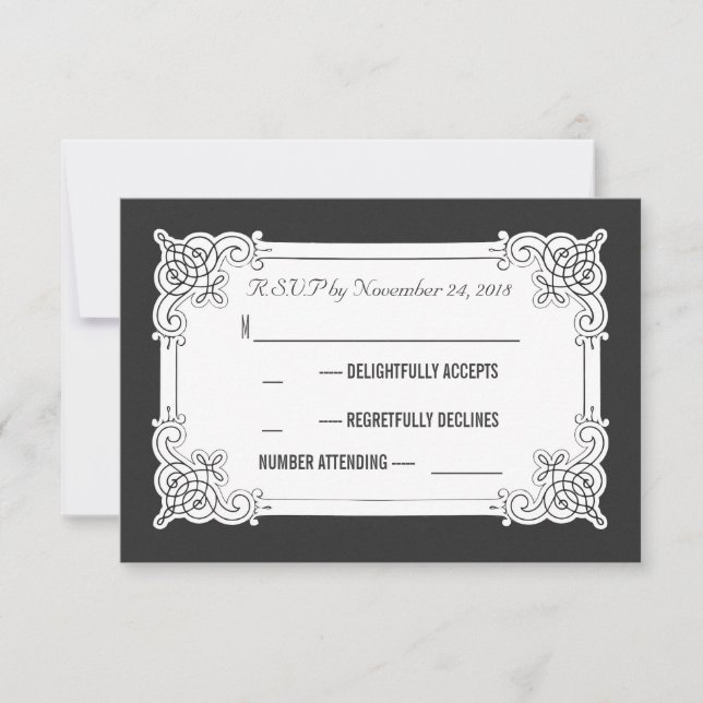 Chalkboard black and white wedding RSVP cards (Front)