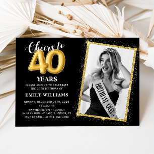 Chalkboard Black Gold Balloons 40th Birthday Photo Invitation