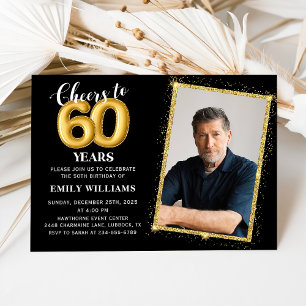 Chalkboard Black Gold Balloons 60th Birthday Photo Invitation
