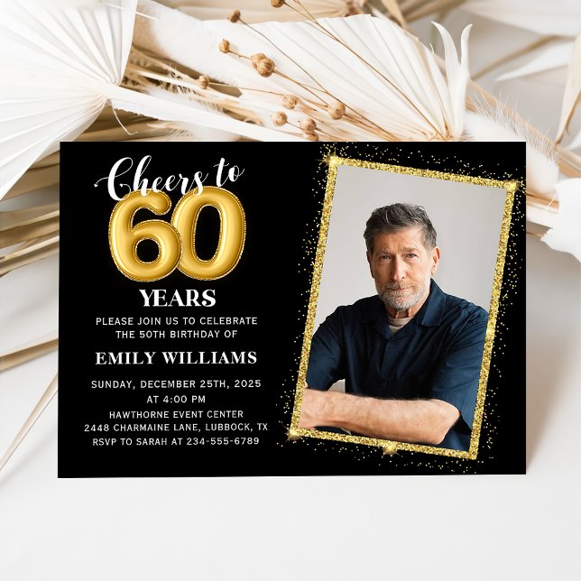 Chalkboard Black Gold Balloons 60th Birthday Photo Invitation (Creator Uploaded)