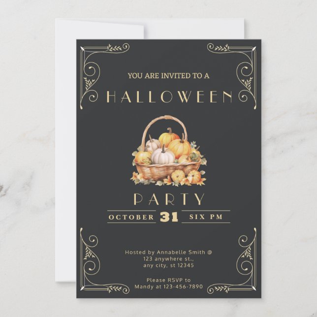 Chalkboard Black & Gold Basket Pumpkins Halloween Invitation (Front)