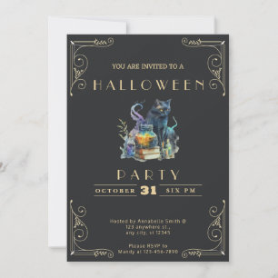 Chalkboard Black & Gold Black Cat Books Halloween Invitation