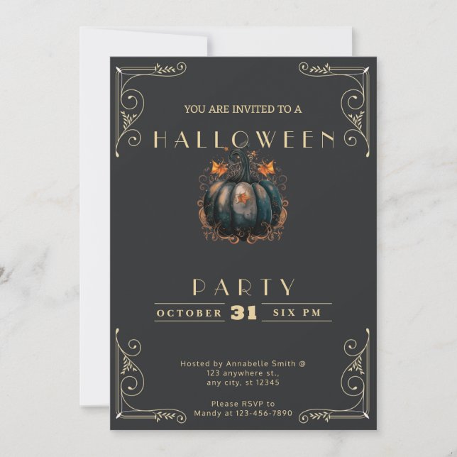 Chalkboard Black & Gold Black Pumpkin Halloween Invitation (Front)