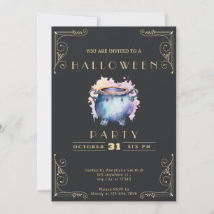 Chalkboard Black & Gold Blue Cauldron Halloween Invitation
