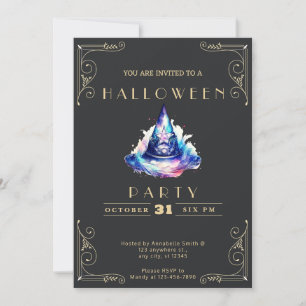 Chalkboard Black & Gold Blue Cauldron Halloween Invitation