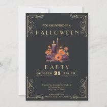 Chalkboard Black & Gold Candles Pumpkins Halloween Invitation