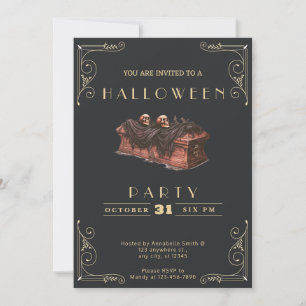 Chalkboard Black & Gold Coffin Skulls Halloween Invitation