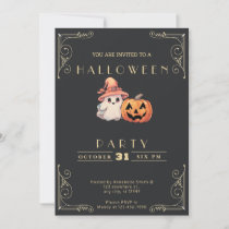 Chalkboard Black & Gold Cute Ghost Halloween Invitation