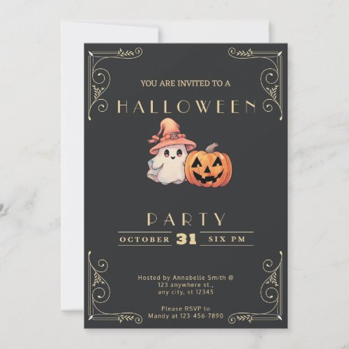 Chalkboard Black  Gold Cute Ghost Halloween Invitation