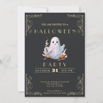 Chalkboard Black & Gold Cute Ghost Halloween Invitation