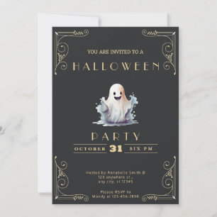 Chalkboard Black & Gold Cute Ghost Halloween Invitation