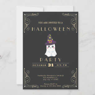 Chalkboard Black & Gold Cute Ghost Stars Halloween Invitation