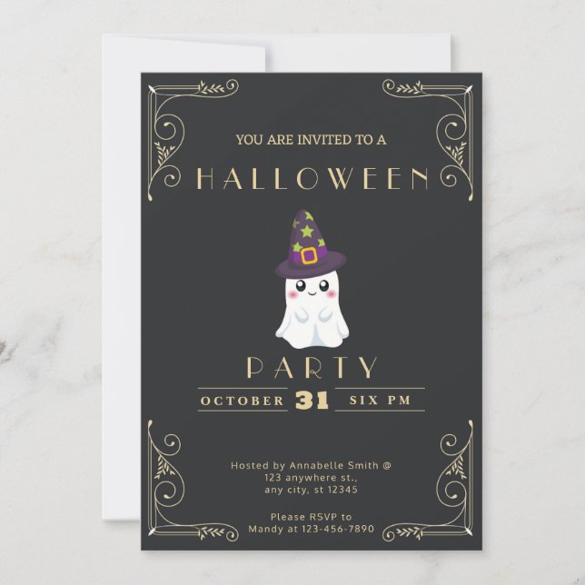 Chalkboard Black & Gold Cute Ghost Stars Halloween Invitation (Front)