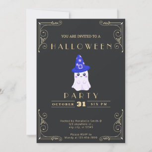 Chalkboard Black & Gold Cute Ghost Stars Halloween Invitation