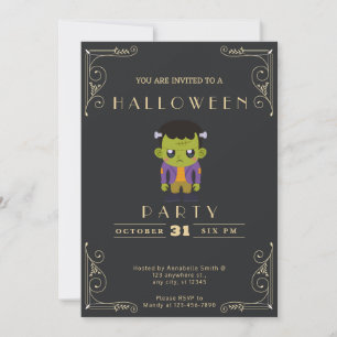 Chalkboard Black & Gold Cute Monster Halloween Invitation