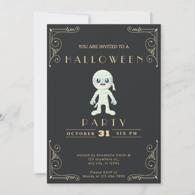 Chalkboard Black & Gold Cute Mummy Halloween Invitation (Front)