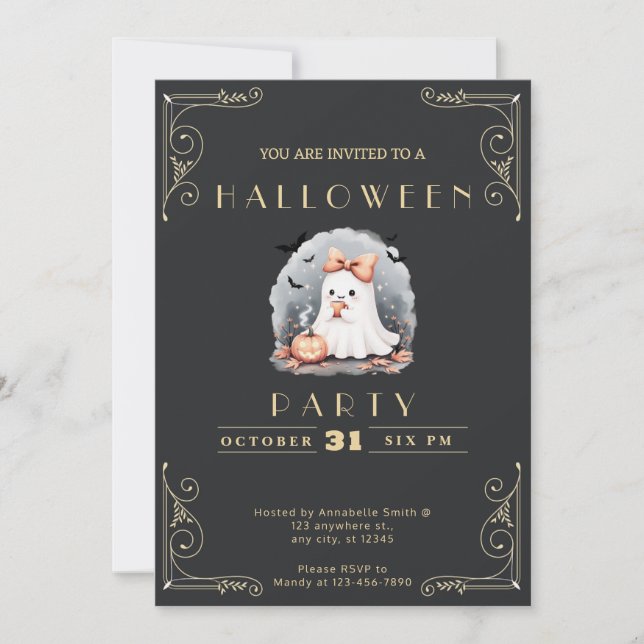 Chalkboard Black & Gold Ghost Bow Bats Halloween Invitation (Front)
