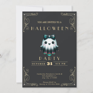 Chalkboard Black & Gold Ghost Bow Skulls Halloween Invitation