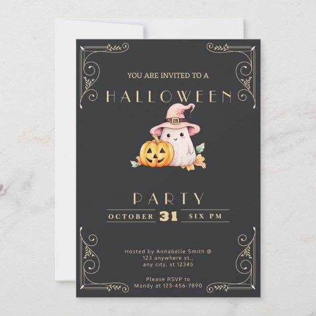 Chalkboard Black & Gold Ghost Halloween Invitation (Front)